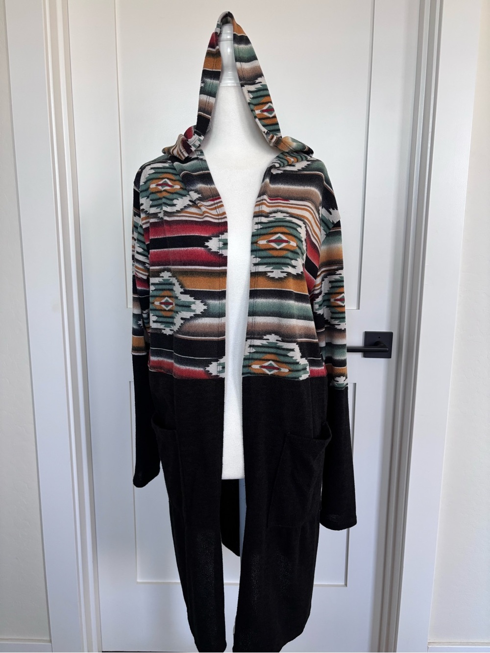 HEIMISH USA Hooded Cardigan in Black with Multicolor Aztec Stripe